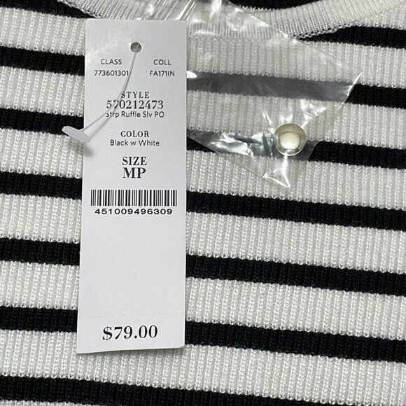 WHBM Sweater White House Black Market Women Size MP Stripe Ruffle Silver Button - Picture 7 of 12